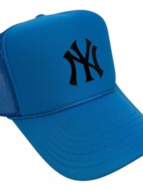 NEW YORK YANKEES NY VINTAGE NEON BLUE BLACK LOGO MESH TRUCKER HAT CAP NYC